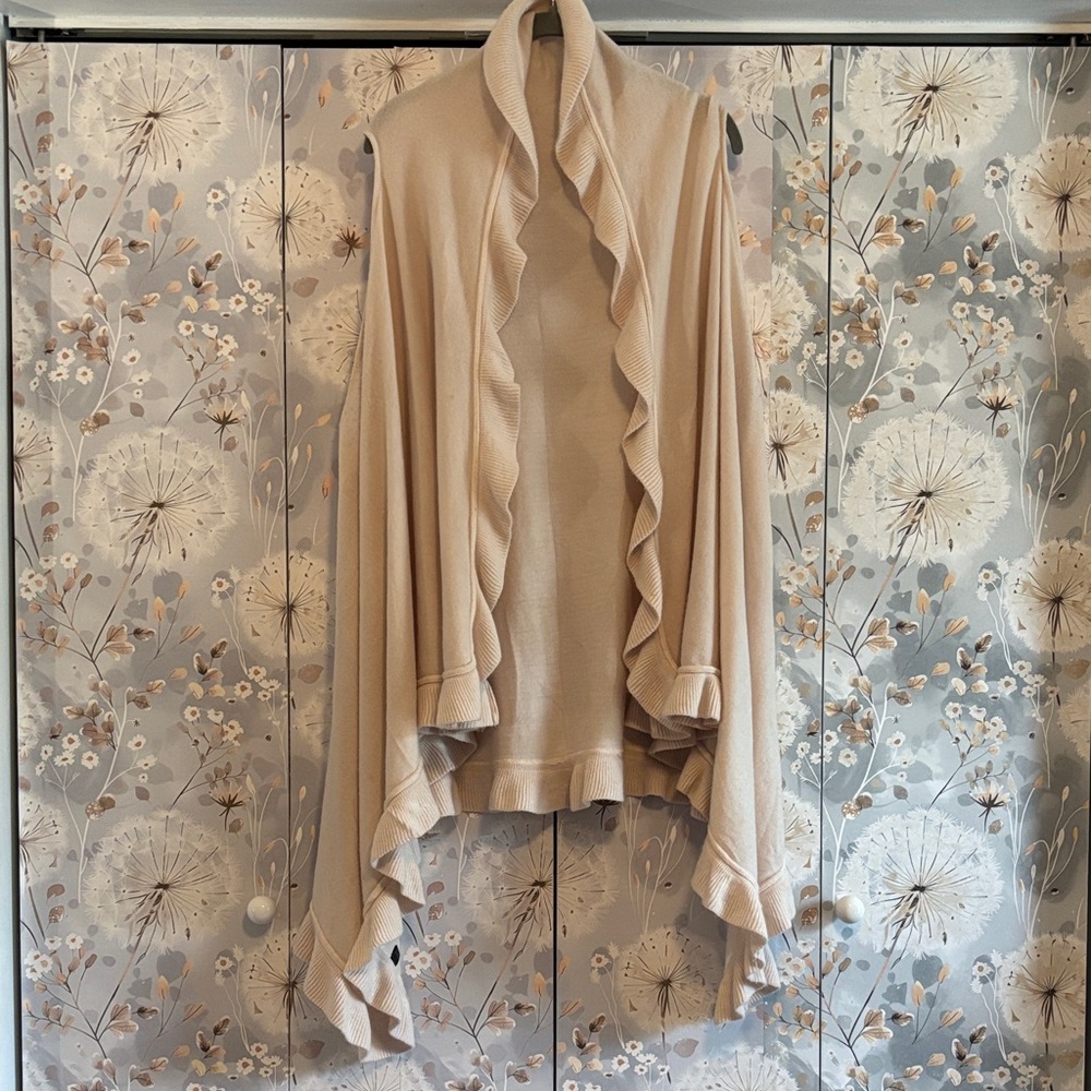 Beige Ruffle Open-Front Cardigan